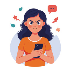 Angry woman online, texting hate comment on mobile phone. Aggressive person with smartphone, chatting in social media, internet conflict. Flat vector illustration isolated on white background 