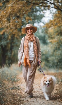 An elderly woman walking a dog on a path in a park