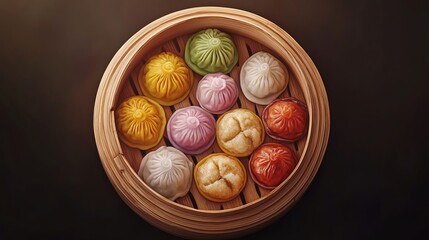 Obraz premium Colorful steamed buns in a bamboo basket.
