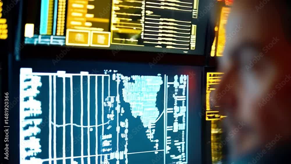 Poster A cybersecurity expert closely reviews various data streams on multiple screens within a control room. The vibrant lights and detailed graphs highlight the significance of handling potential risks.