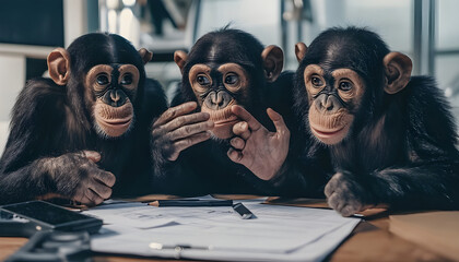 three chmipanzeeslooking puzzled, discussing a project plan in form of a gantt chart