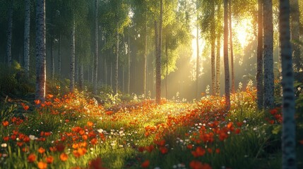 Sunny forest path, vibrant flowers