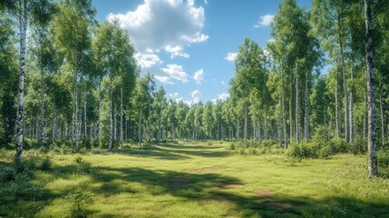 Obraz premium Sunny forest glade with tall trees. Lush green foliage and grass