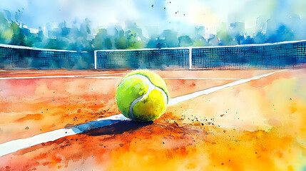 Vibrant watercolor depiction of a tennis ball on a court.