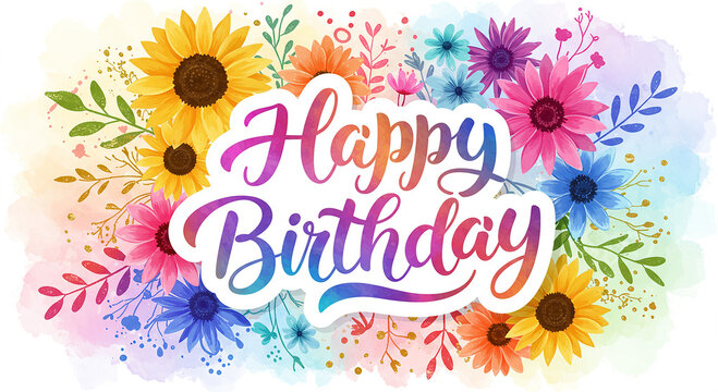 Colorful Modern Calligraphy Happy Birthday Greeting with Vibrant Hand-Drawn Flowers and Whimsical Floral Elements — Festive Digital Floral Design for Birthday Celebration Cards and Invitations