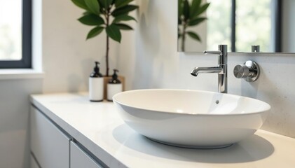 Modern bathroom sink with sleek faucet and minimalist design, clean white countertop , washbasin, interior design
