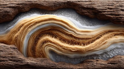 Brown wavy texture of a seashell on the sandy beach where the water creates liquid patterns