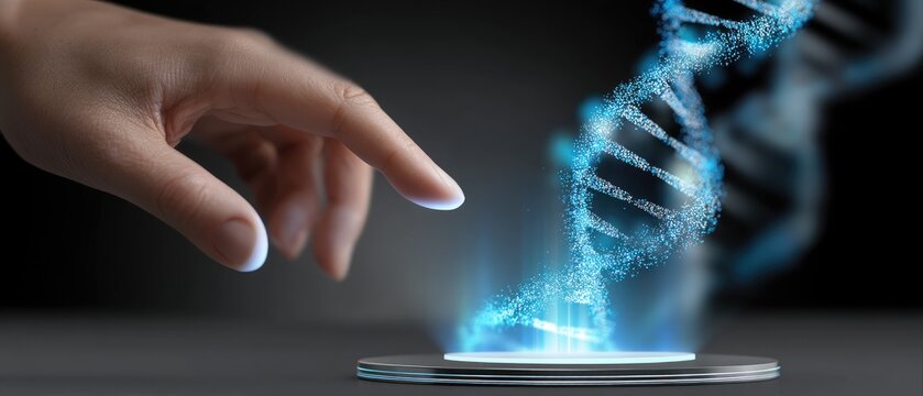 A human hand interacts with a glowing digital DNA strand emerging from a futuristic device.