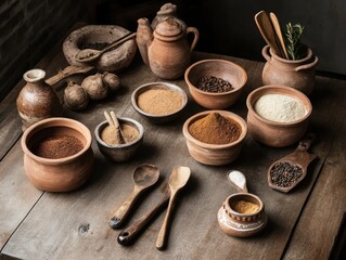 Collection of spices and herbs arranged on a rustic wooden table highlighting traditional cooking ingredients and utensils