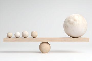 Balancing spheres depicting equilibrium and disparity, showcasing wooden geometry