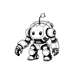 Monochrome depiction of a whimsical and endearing round futuristic robot figure