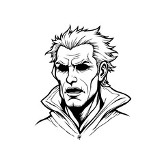 Intense hand-drawn portrait showcasing sharp features and distinctive collar detail