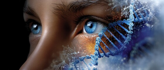 Futuristic close-up of blue eyes with digital DNA strands, symbolizing genetic science, technology, and human evolution.