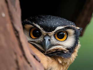 Obraz premium Striking close-up of a vibrant owl peeking from a tree hollow in a lush forest setting