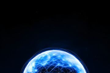 Naklejka premium Connected world with network sphere and glowing nodes against a dark void background