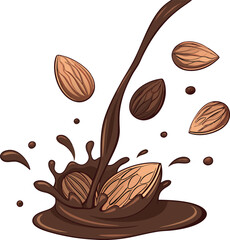 vector illustration of whole almonds splashing in creamy melted chocolate, perfect for food packaging, nut-based product branding
