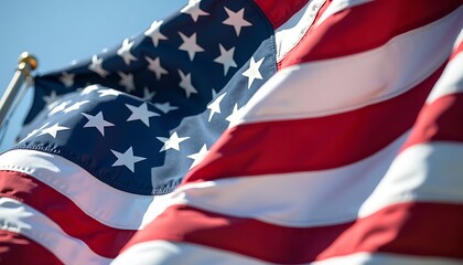 Obraz premium American Flag's Emblem of Patriotism: A detailed capture of the USA flag, stars and stripes, representing freedom, unity, and national pride, waving gracefully against a backdrop of a blue sky.