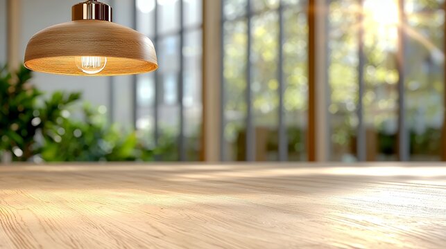 Wooden Lamp Over Wooden Table with Window Sunlight - Powered by Adobe