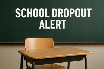 A classroom setting featuring a single wooden desk against a chalkboard with the phrase 'School Dropout Alert.' This highlights educational concerns.