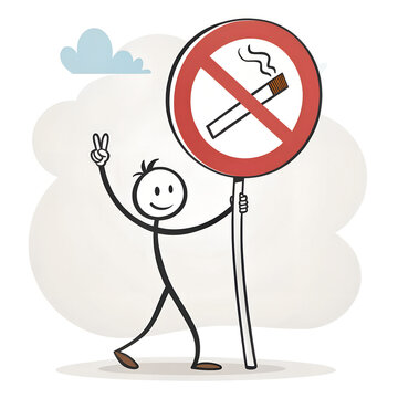 No Smoking Zone: A stick figure character proudly holds a "No Smoking" sign with a victory gesture, promoting a smoke-free environment. 