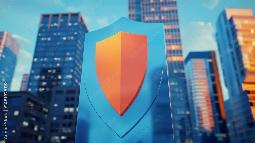 Poster shield icon on city background symbolizes digital security. cyber security concept with data and net