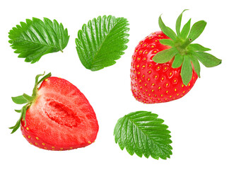 Sliced strawberry with green leaves isolated on white background. macro. clipping path