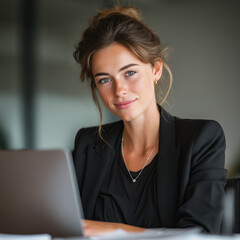 Professional woman working on a laptop in a modern office setting with natural light illuminating her focused expression