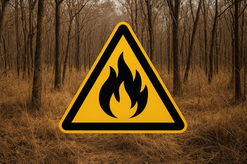 A warning sign indicating fire hazard in a dry forest area. Emphasizes the importance of fire safety and awareness in natural landscapes.