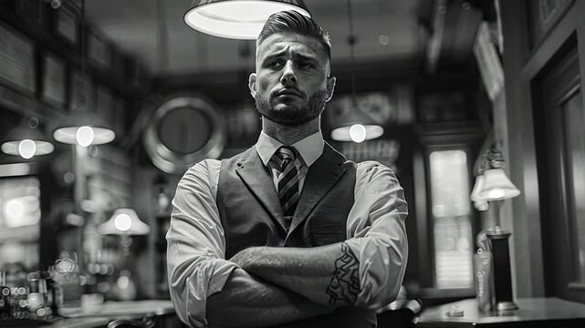 Grooming experience in a barbershop with a man receiving a stylish haircut and beard trim