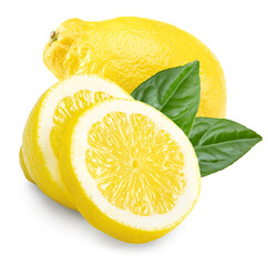 sliced lemon with leaves isolated on white background. clipping path