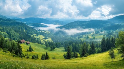 Fototapeta premium Serene mountain landscape with forests and misty valleys on a sunny day