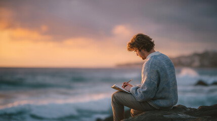 A man journaling alone on a quiet beach at dusk