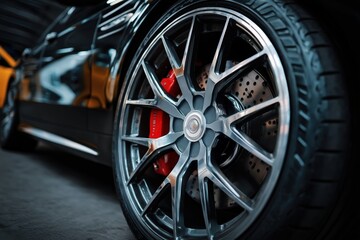 Close Up Of A Vehicle Wheel With Red Brake Calipers