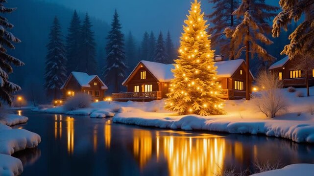 Detailed winter cabin scene with glowing Christmas tree reflecting in lake, snowy pine forest, warm cozy cabin lights, dramatic blue sky, realistic, detailed, cinematic video download