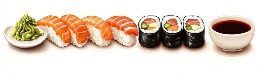 Delicious sushi platter with wasabi and soy sauce.