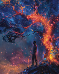 Cosmic tree growing from a person’s chest, representing inner growth and connection with the universe