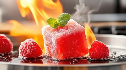 A chunk of frozen fruit thawing in front of a hot stove.