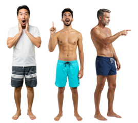 Three Barefoot Men Displaying Different Expressions and Gestures in Colorful Swimwear on a transparent background, Showcasing Surprise, Joy, and Authority
