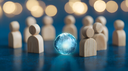 Global Networking and Collaboration Concept featuring Wooden Figures and Globe Symbol