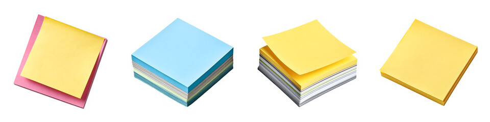 Colorful sticky notes stack in varying shapes and sizes, showcasing vibrant hues and pastel shades, ideal for organization, reminders, and creative projects at home or office