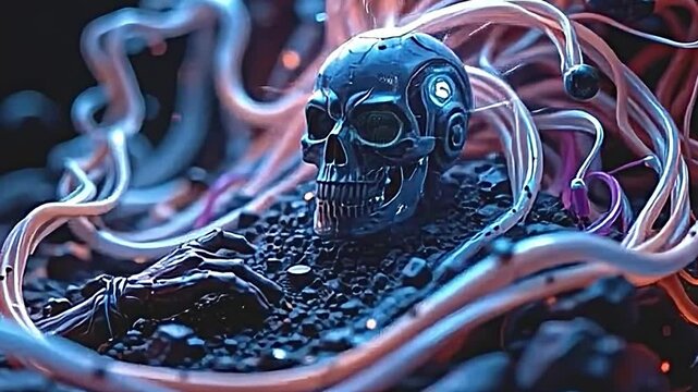 futuristic surreal scene dominated glowing metallic skull center surrounded intricate swirling tendrils of light vibrant hues of orange white. tendrils appear to intertwined various...