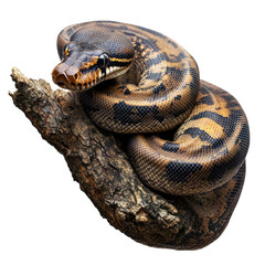 Obraz premium Elegant Sumatran Python coils on dark textured wood rich browns blacks and on transparent background