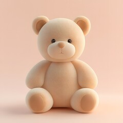 Cute, light beige teddy bear sitting upright on a pale pink backdrop, soft and cuddly.