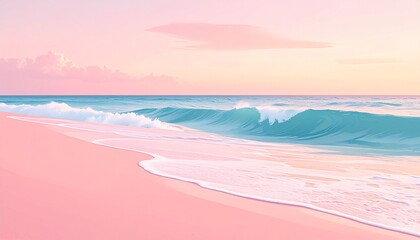 Beautiful pink beach and turquoise ocean waves during a pastel sunset summer day