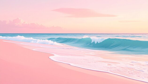 Beautiful pink beach and turquoise ocean waves during a pastel sunset summer day