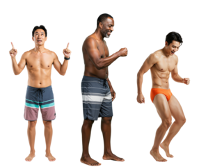 Three Male Models Engaging in Different Energetic Poses in Swimwear on a transparent background: Diverse Ages and Body Types Celebrating Movement and Joy