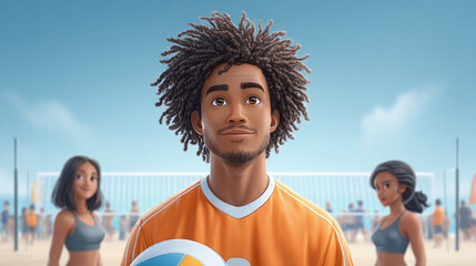 Dynamic beach volleyball action close up featuring focused player amidst energetic beach scene perfect for sports promotion or athletic event poster