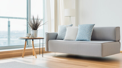 Fototapeta premium Bright minimalist living room with clean modern furniture and soft natural light, embodying serene Scandinavian simplicity.