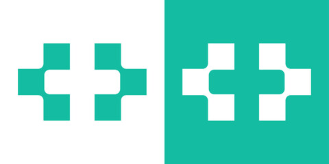 Negative space cross logo with modular square elements. Minimalist digital health and care symbol.