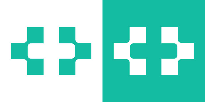 Negative space cross logo with modular square elements. Minimalist digital health and care symbol.